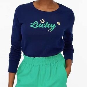 J. Crew Lucky Teddie Women's Sweater Horseshoe Clover Navy Blue Size Small